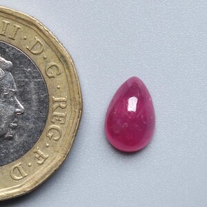 May include: A teardrop-shaped, polished, deep red gemstone next to a gold and silver coin. The gemstone has a smooth, glossy surface. The coin features a profile of a person and the text "ELIZABETH II D.G. REG. F.D. 2017".