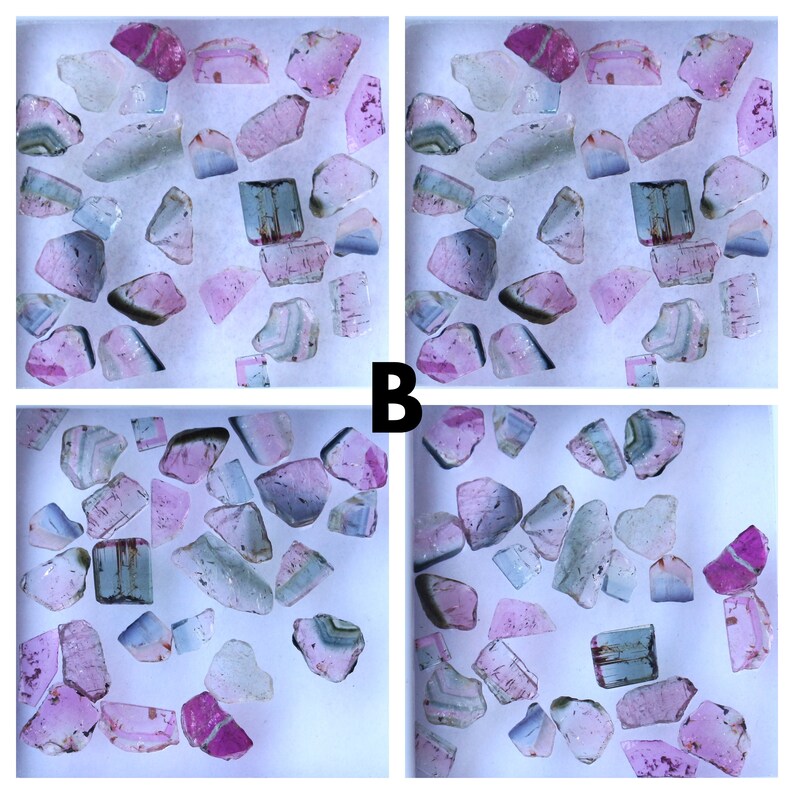 May include: Four-panel image of assorted gemstones. The gems are primarily pink, blue, and clear, with some having striped patterns. The letter "B" is visible in the centre of the image.
