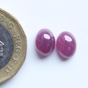 May include: Two oval-shaped, polished, deep pink gemstones next to a British one-pound coin. The gemstones have a smooth, reflective surface. The coin shows the profile of Queen Elizabeth II.