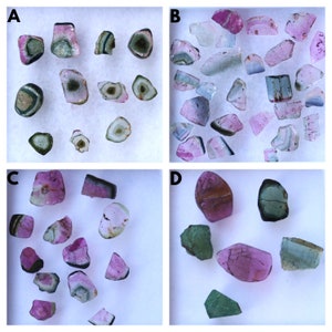 May include: A collection of raw watermelon tourmaline gemstones. The stones are in shades of pink, green, and clear, with some showing concentric ring patterns. The gemstones are irregularly shaped and vary in size. Measurements are in centimetres.