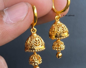 Gouden Jhumka-oorbellen • 20k verguld • Mini-jhumka-oorbellen • Indiase stijloorbellen • Jhumka-oorbellen in Rajasthaanse stijl • Ringoorbellen