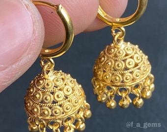 Gold Jhumka on Hoops • 20k Gold Plated • Mini Jhumka Earrings • Indian Style Earrings • Jhumka Earrings• Hoops Earring { F011 }