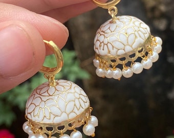 White Meenakari Jhumka Earrings • White Earrings • Handmade Jewelry • Hoops Earrings • Jhumkas • White { F033 }