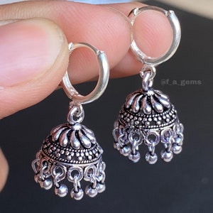 Silver jhumki on hoops ,Mini jhumki earrings, Indian style earrings, Rajasthani style jhumka earrings ,earrings for girls ,Hoops earring