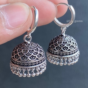 Silver jhumki on hoops ,Mini jhumki earrings, Indian style earrings, Rajasthani style jhumka earrings ,earrings for girls ,Hoops earring
