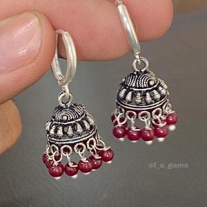 Silver Jhumki Hoop Earrings: Indian Rajasthani Style, Red Accent