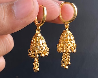 Gold Jhumka on Hoops • 20k Gold Plated • Mini Jhumka Earrings • Indian Style Earrings • Jhumka Earrings• Hoops Earring { F026 }