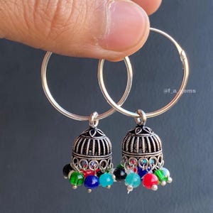 Silver jhumki on hoops ,Mini jhumki earrings, Indian style earrings, Rajasthani style jhumka earrings ,earrings for girls ,Hoops earring