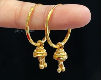 Gold Jhumka on hoops • 20k Gold Plated • Hoops Earrings • Indian Jhumkas • Earrings • Lightweight • Indian Jewelry • Jhumkas { F022 }