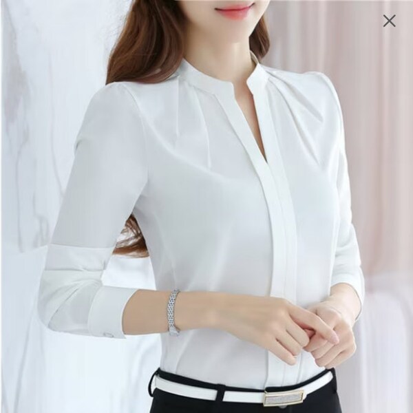 Business Casual V-neck Womens Tops And Blouses White Long Sleeve Blouse Formal Dress Shirt Office Work Clothes Office Wear For Ladies Woman