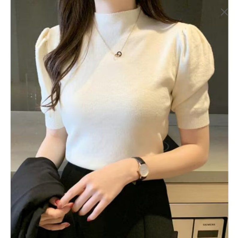 Mock Neck Turtleneck Work Outfits Short Sleeve Turtleneck Tops Office ...