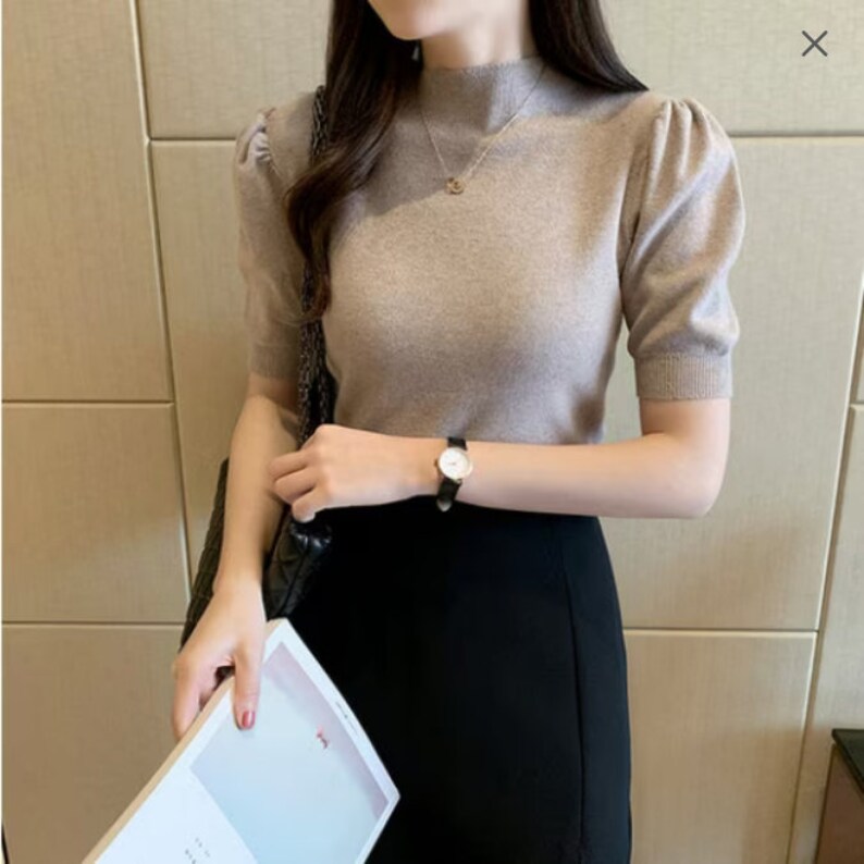 Mock Neck Turtleneck Work Outfits Short Sleeve Turtleneck Tops Office ...