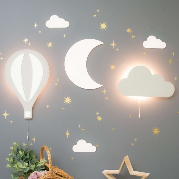 Bundle Set: Cloud & Hot Air Balloon Night Light | Wooden Moon Crescent | 3x Mini Clouds | 50 Star Stickers | Warm White | Baby Nursery Decor