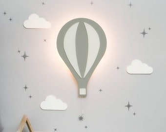 Hot Air Balloon Night Light Wall Mounted Wooden Nursery Decor | Free 50 Star Stickers | Cosy LED Glow For Bedtime Stories | Baby Shower Gift