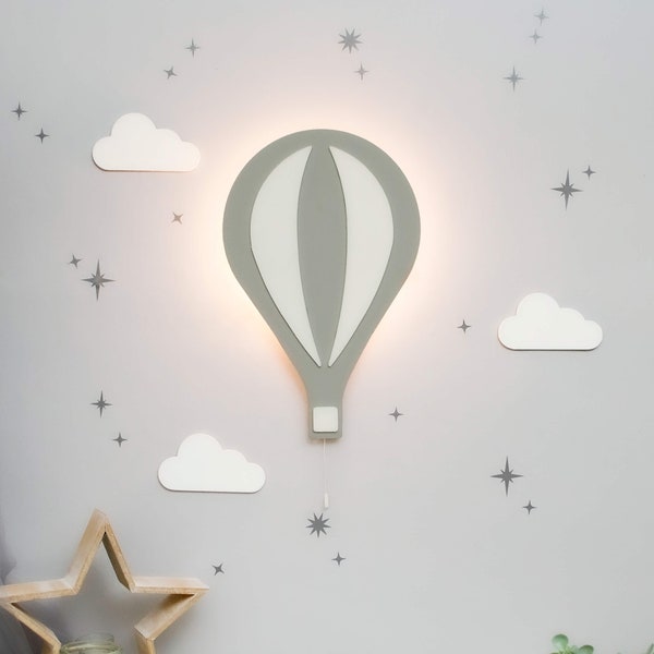 Hot Air Balloon Night Light Wall Mounted Wooden Nursery Decor | Free 50 Star Stickers | Cosy LED Glow For Bedtime Stories | Baby Shower Gift