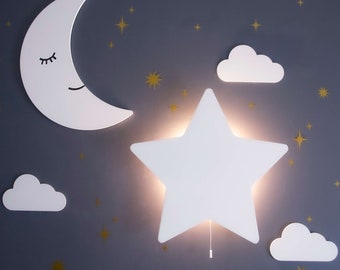 Star Night Light Wall Mounted Kids Wooden Nursery Room Decor | Free 50 Star Stickers | Cosy LED Glow For Bed Time Stories | Baby Shower Gift