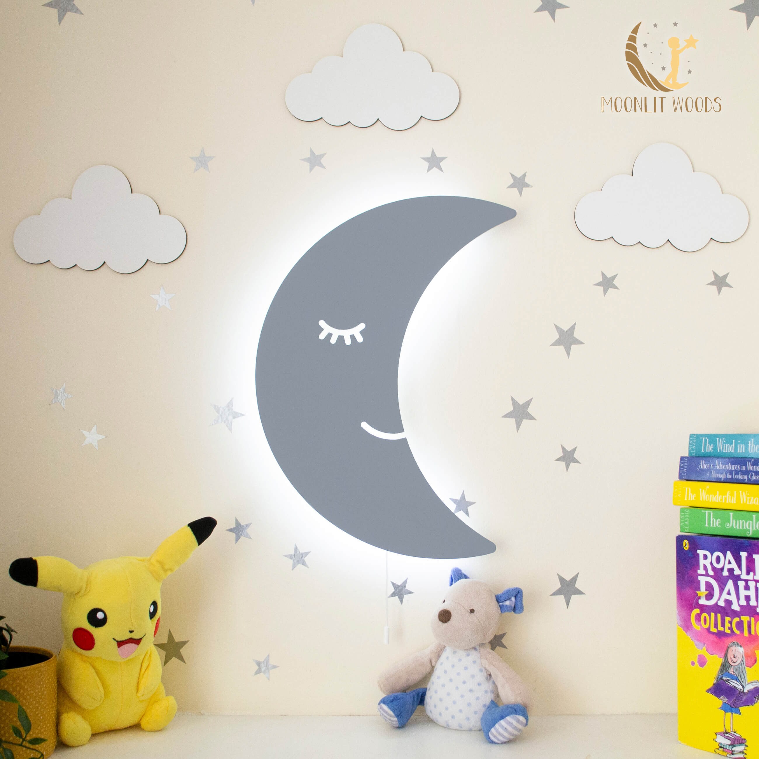 Moon Kids Wall Light Nursery Decor Wooden 9V LED Pull | Etsy