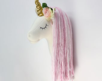 Pink Unicorn Head Wall Mount | Plush Girls Bedroom Decor | Baby Nursery Decoration | Stuffed Animal Hanging Accessories Baby Shower Gift