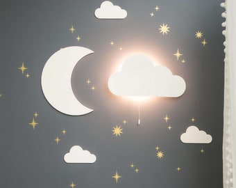 Bundle Set: Cloud Night Light | Moon Wooden Nursery Decor | 3x Mini Wooden Clouds | Free 50 Star Stickers | Cosy LED Glow | Baby Shower Gift