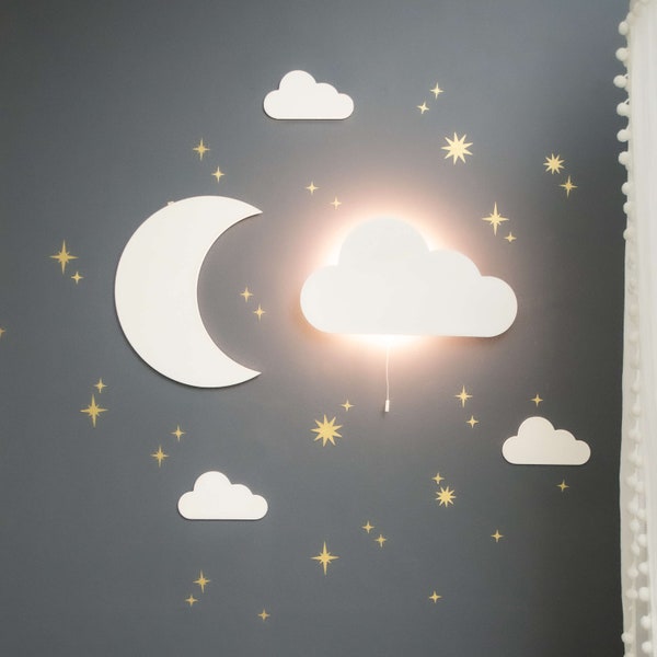 Bundle Set: Cloud Night Light | Moon Wooden Nursery Decor | 3x Mini Wooden Clouds | Free 50 Star Stickers | Cosy LED Glow | Baby Shower Gift