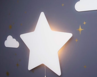 Star Night Light Wall Mounted Kids Wooden Nursery Room Decor Free 50 Star Stickers Cosy LED Glow For Bed Time Stories Baby Shower Gift