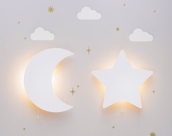 Set of 2 Lights: Moon & Star Night Light (Easy wall hanging kids bedroom wall lamp) Great for birthday and baby showers.