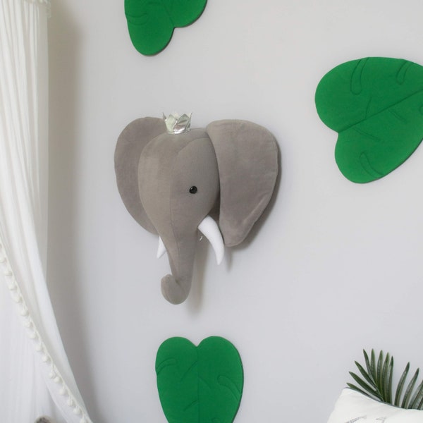 Support mural tête d'éléphant | Grande décoration de chambre d'enfant 3D | Animaux de safari en peluche pour chambre de garçon à suspendre | Cadeau de douche de bébé | Faux taxidermie