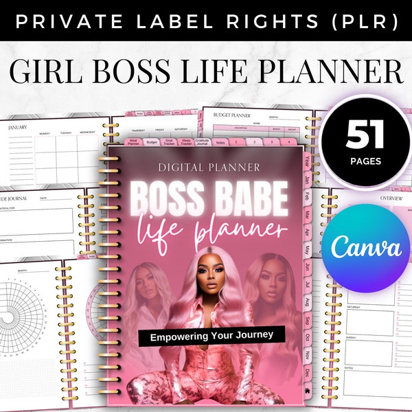 PLR Girl boss digital life planner, canva planner hyperlinks, private label rights to resell, done for you planner, boss babe entrepreneur