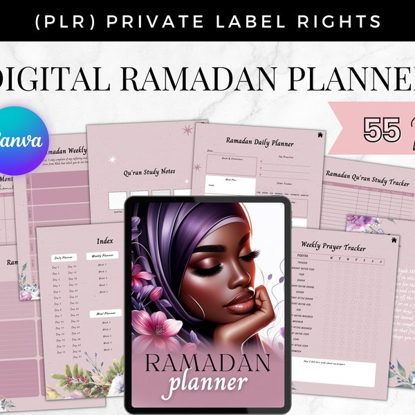 Planificador digital islámico de Ramadán PLR, Planificador digital Canva de oración de Eid en ayunas para revender derechos, White Label Journal, Allah Muslim Planner