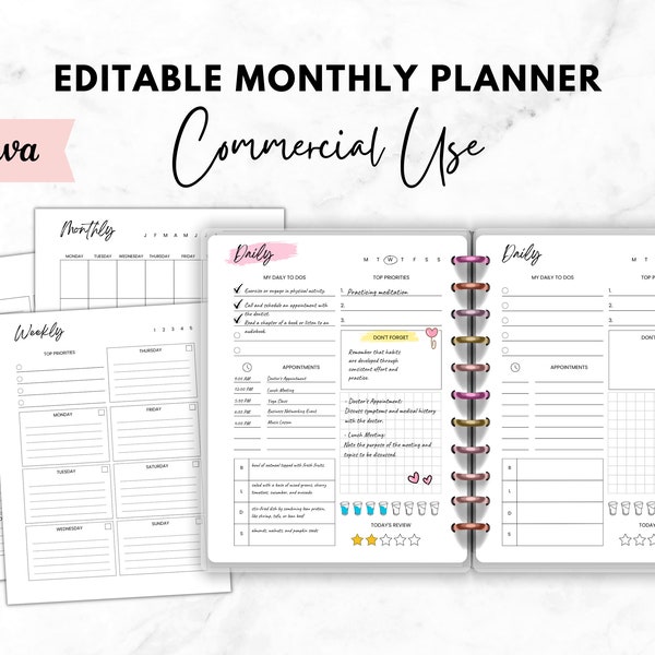 PLR Canva Bullet Yearly Monthly Weekly Daily Journal Templates, PLR Canva Journal resell Pages Inserts Templates, Commercial Use