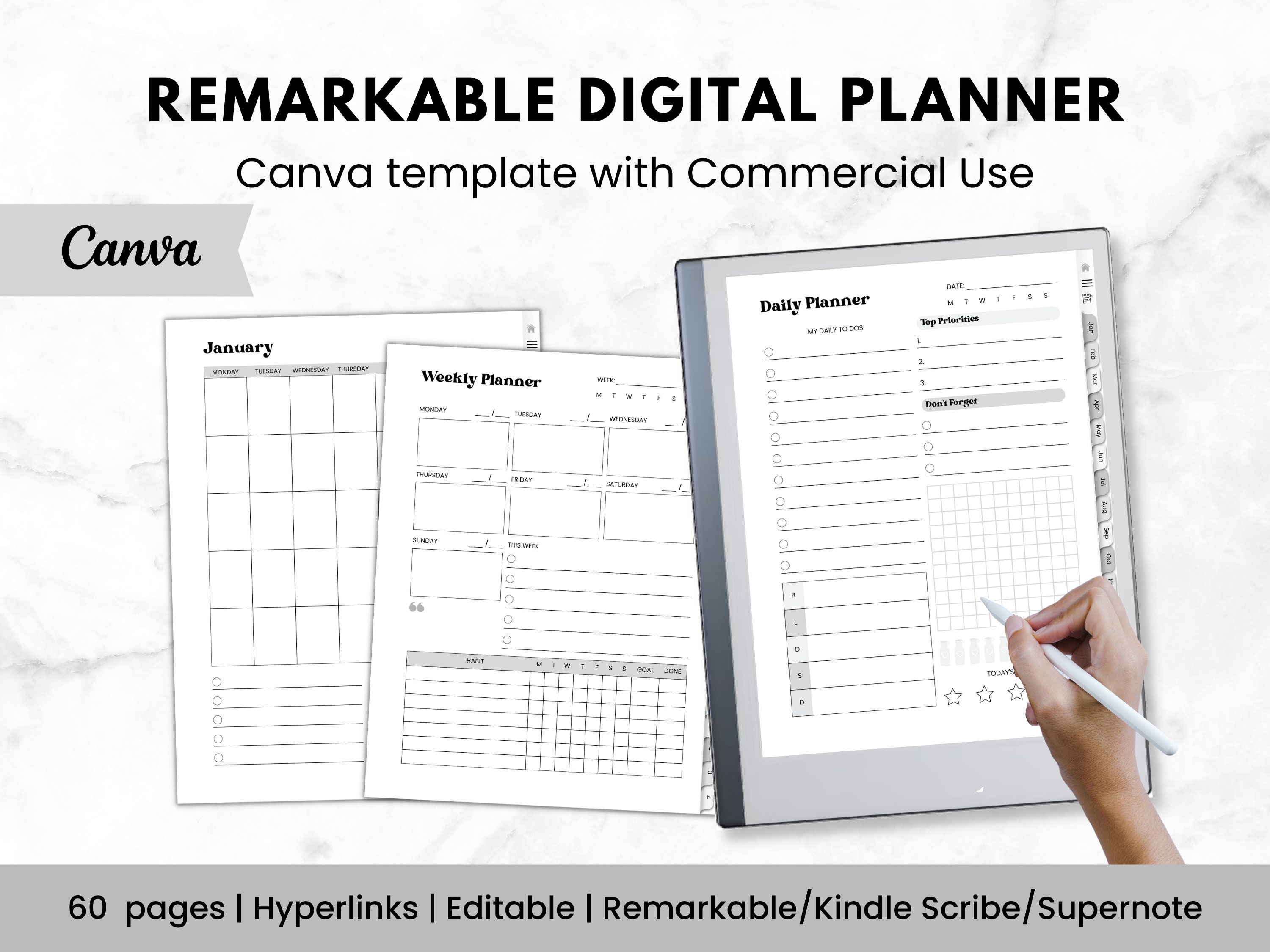 Remarkable 2 Digital Planner Template, Remarkable Canva Template
