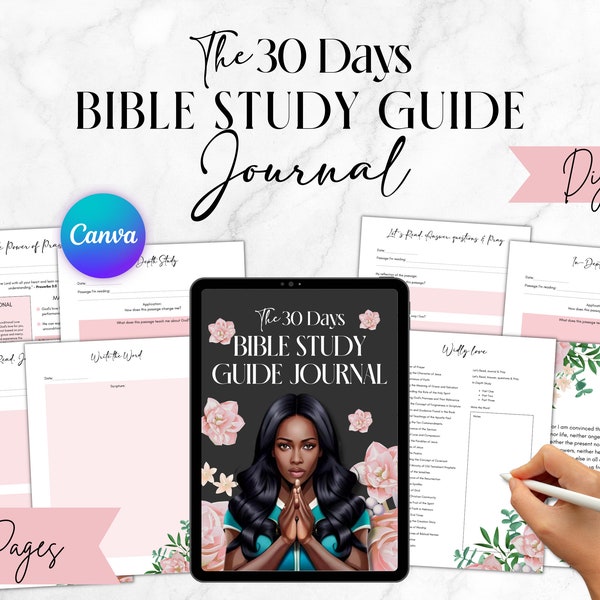 PLR Digital Journal, Digital 30 Day Bible Study Guide Canva Journal Template for women, PLR Bible, plr journal prompts, PLR Digital Journal