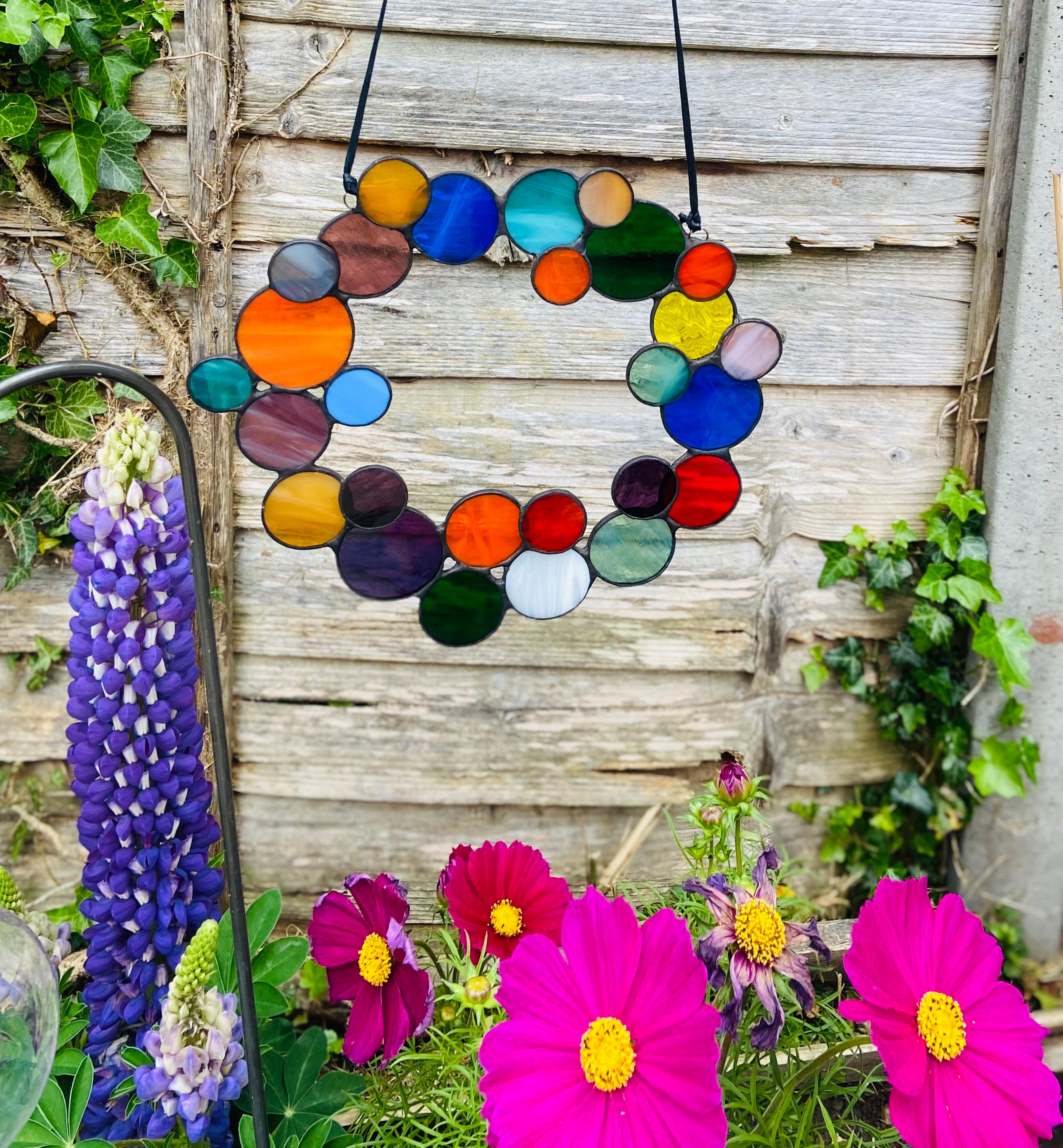 Stained Glass LARGE Wreath Suncatcher Multi Rainbow Colours Etsy UK