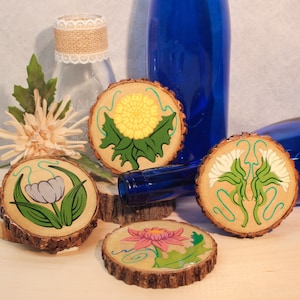 Wooden Coasters Set of 4, Hand Painted Art Nouveau Floral Design