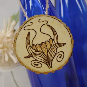 Wooden Ornament, Wood Burned Floral Design