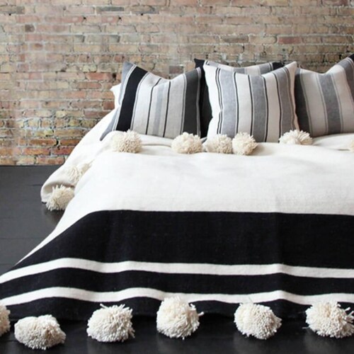 Moroccan Pom Pom Blanket Throw for Sofa Bed Throw Etsy