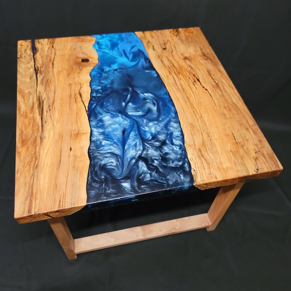 Maple River Side Table. Handmade Solid Wood and Resin End Table