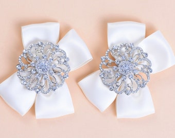 White Satin Bow and Round Crystal Shoe Clips, Bridal Shoe Embellish