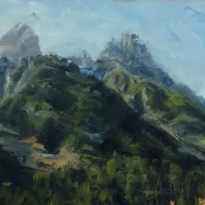 Teton Study original oil painting on wood panel Western Art Landscape Mountains Grand Tetons Jackson Hole Wyoming 9x17.5" unframed