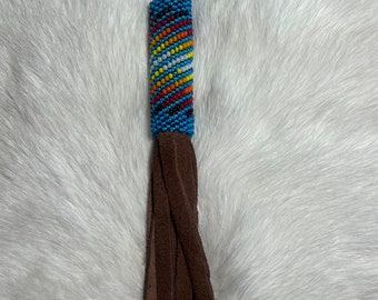 Leather peyote stitch beaded keychain - Blue