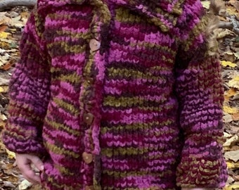 Girl’s Hand Knit Cardigan Sweater, Purple and Green Multicolor, Bulky Chunky Acrylic, Size 6/7, Girls’ Clothes, Heart Buttons