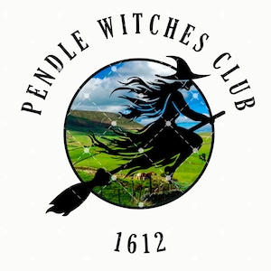 May include: Black and white silhouette of a witch flying on a broomstick against a backdrop of a green field and blue sky. The text "Pendle Witches Club 1612" surrounds the image.