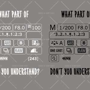 May include: A gray graphic with white text and photography settings, including M, 1/200, F8.0, ISO 100, and other camera icons. The text reads "WHAT PART OF DON'T YOU UNDERSTAND?"