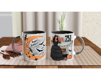 Happy Halloween Witch Bat Pumpkin 11oz Ceramic Mug Cup With Black Inside