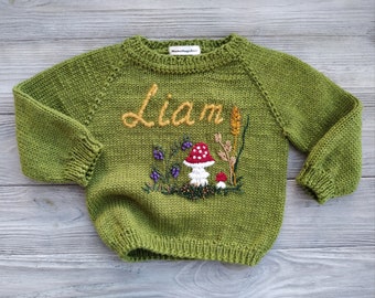 Custom personalized spring/winter knitted sweater with mushroom embroidery for boy, girl, baby. Handmade wool knit sweater with child's name