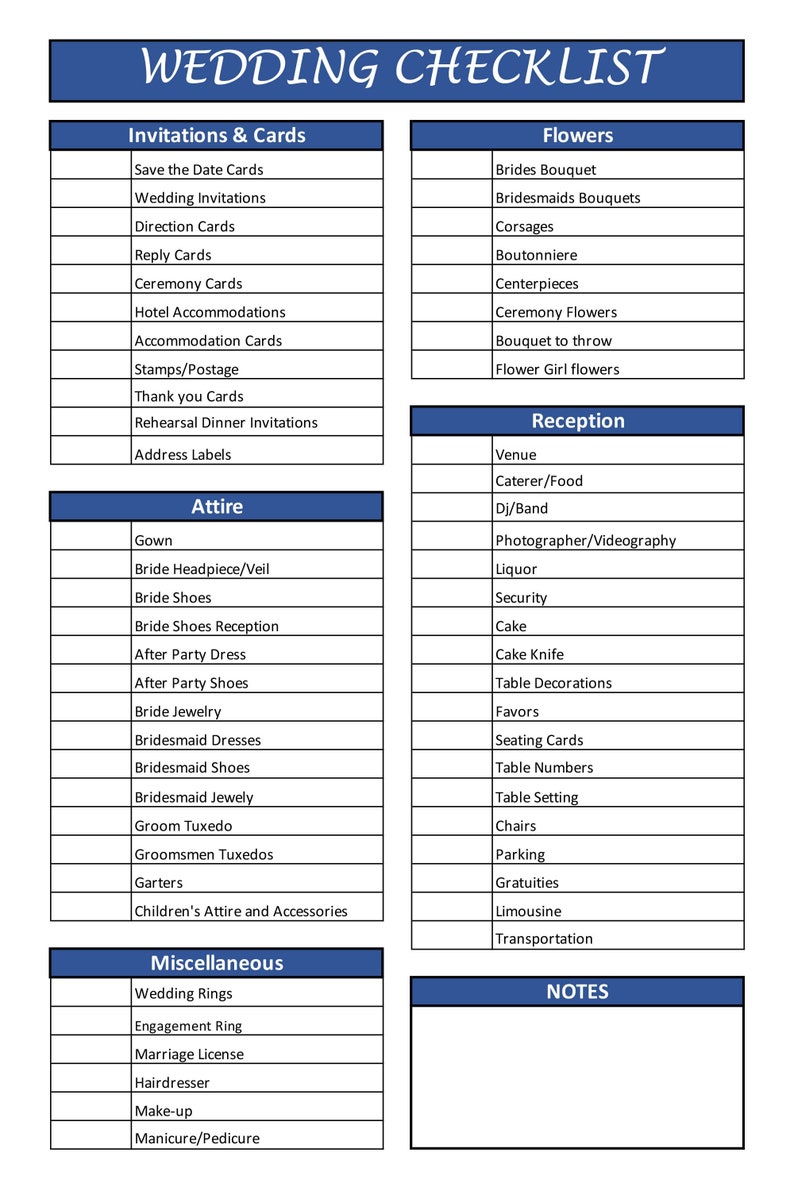 Wedding Checklist Excel Template Wedding List Printable Wedding Checklist Download Excel Wedding ...