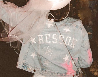 CUSTOM Embroidered Bridal Denim Jacket with Stars | Last Name Jacket | Custom Bride Denim Jacket | Personalized Name Bridal Jacket