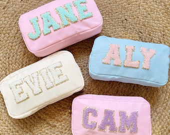 Custom Medium Nylon Makeup Bag with Patches | Personalized Pouch | Custom Nylon Bag | Chenille Patch Bag | Bridesmaid Gift | Mother's Day