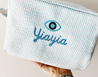 Custom Evil Eye and Name Seersucker Pouch | Striped Cosmetic Bag | Custom Travel Pouch | Custom evil eye bag
