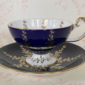 AYNSLEY ART DECO Oban Style Cobalt Blue and Gold Teacup and Saucer - 1930's Stunning - 2878